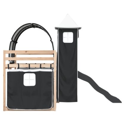 Двуетажно легло с пързалка и завеси, бяло и черно, 90x200 см