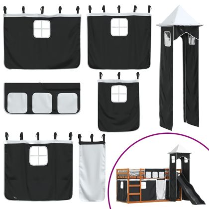 Двуетажно легло с пързалка и завеси, бяло и черно, 90x200 см