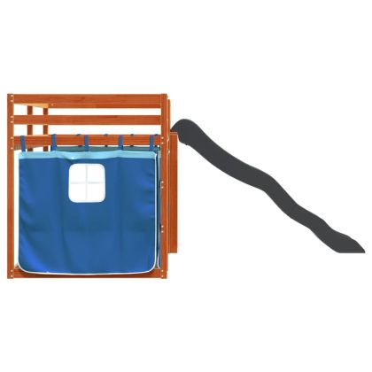 Двуетажно легло с пързалка и завеси, синьо, 90x200 см