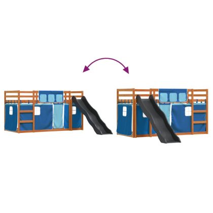 Двуетажно легло с пързалка и завеси, синьо, 90x200 см