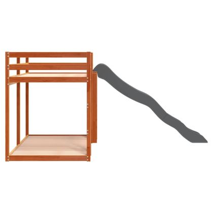 Двуетажно легло с пързалка и стълба кафяв 90x200 см бор масив