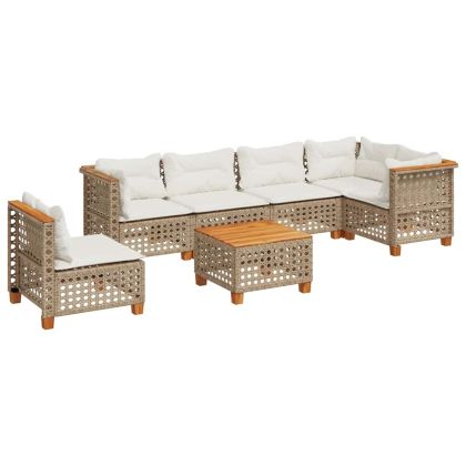 Градински диван с възглавници, 7 части, бежов полиратан