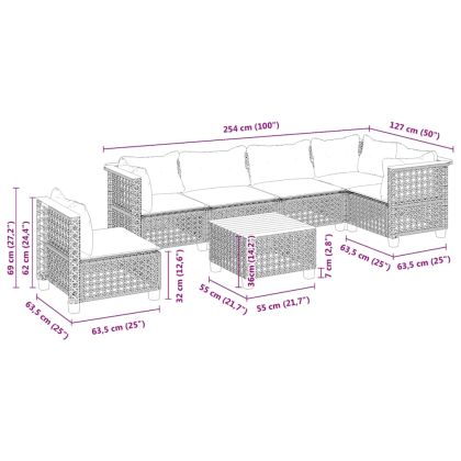 Градински диван с възглавници, 7 части, бежов полиратан