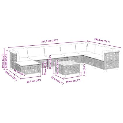 Градински комплект диван с възглавници 9 части бежов полиратан