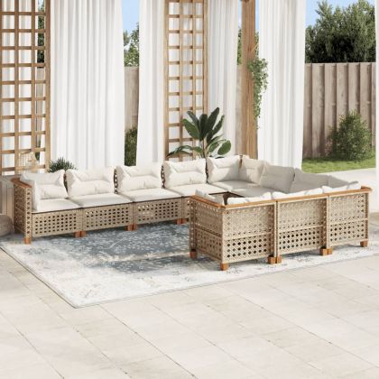 Градински диван с възглавници, 10 части, бежов полиратан