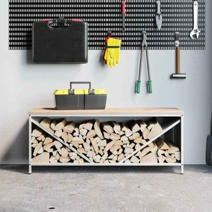 Стойка за дърва за огрев с дървен плот, бяла 100,5x35,5x40 см