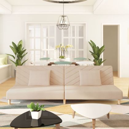 2-местно разтегателно канапе с две възглавници кремаво текстил