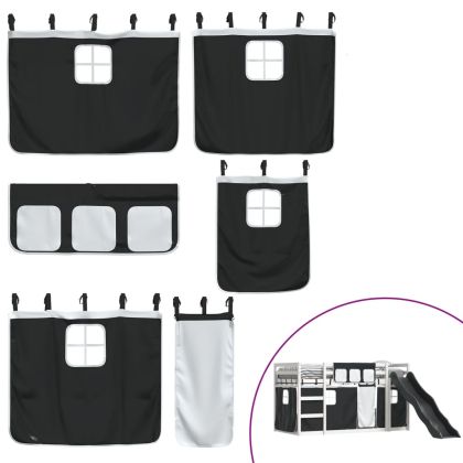 Двуетажно легло с пързалка и завеси, бяло и черно, 90x200 см