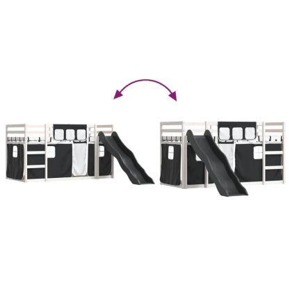 Двуетажно легло с пързалка и завеси, бяло и черно, 90x200 см