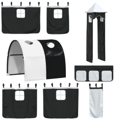 Двуетажно легло с пързалка и завеси, бяло и черно, 90x200 см