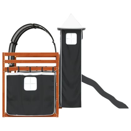 Двуетажно легло с пързалка и завеси, бяло и черно, 90x200 см