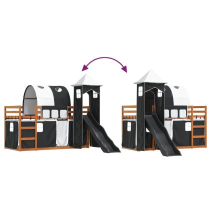 Двуетажно легло с пързалка и завеси, бяло и черно, 90x200 см