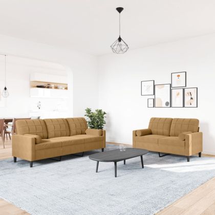 Мека мебел от 2 части с възглавници и болстери кафяв кадифе