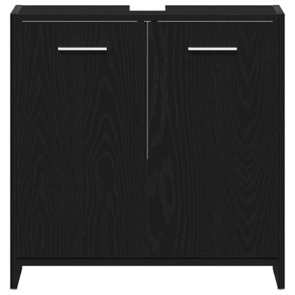 Шкаф за мивка за баня, черно и дъб, 60x33x60см, инженерно дърво
