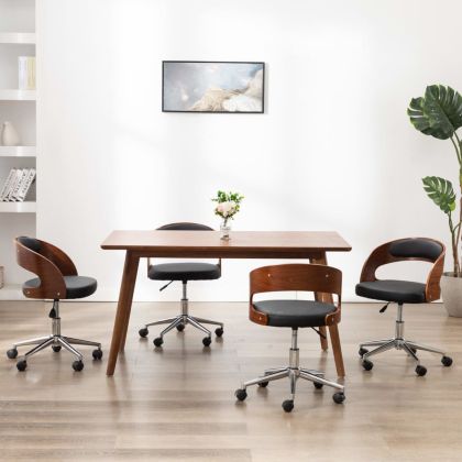 Въртящи се трапезни столове 4 бр черни извито дърво и еко кожа