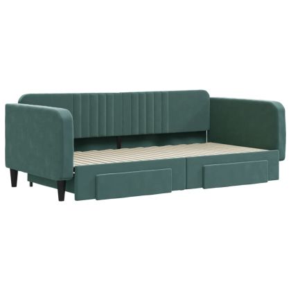Канапе с изтеглящо легло и чекмеджета зелено 100x200 см кадифе
