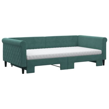 Канапе с изтеглящо легло и матрак тъмнозелено 100x200 см кадифе