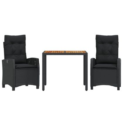 Градински комплект от 3 части с възглавници черни полиратан
