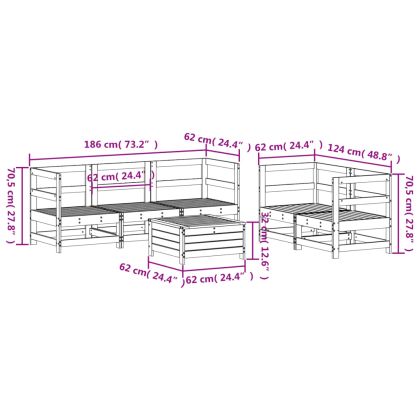 Градински комплект диван от 6 части, бял, масивно дърво бор