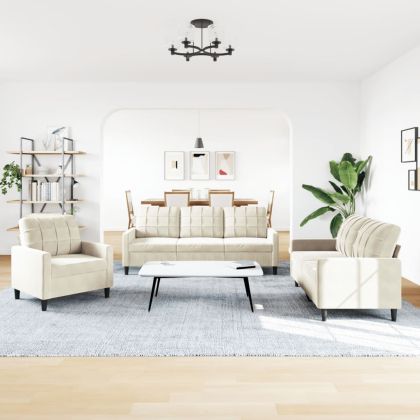 Комплект дивани от 3 части с възглавници, кремав, кадифе