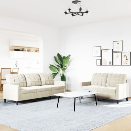 Комплект дивани от 2 части с възглавници, кремав, кадифе