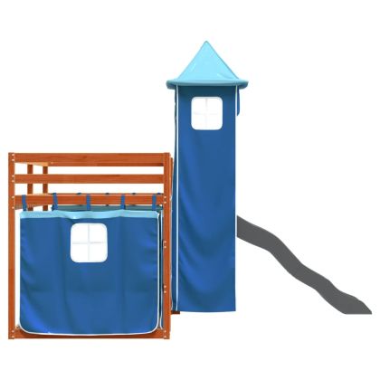 Двуетажно легло с пързалка и завеси, синьо, 90x200 см