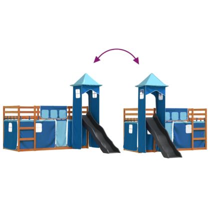 Двуетажно легло с пързалка и завеси, синьо, 90x200 см