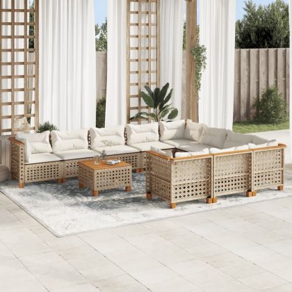 Градински диван с възглавници, 11 части, бежов полиратан