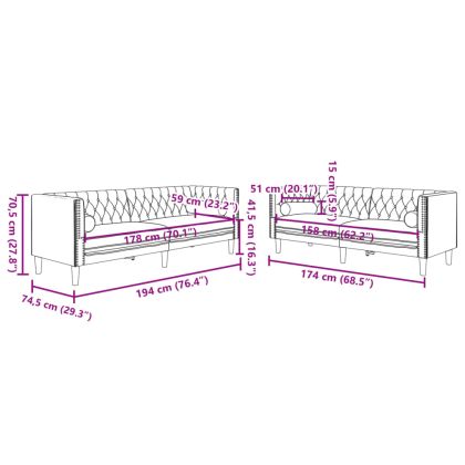 Комплект 2 дивана Честърфийлд с възглавници светлосив кадифе