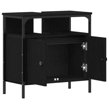 Шкаф за мивка за баня, черен дъб, 60x30x60 см, инженерно дърво