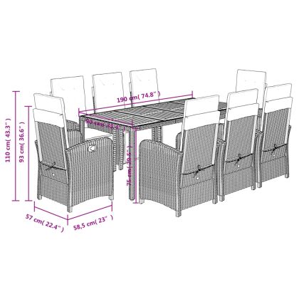 Градински трапезен комплект възглавници 9 части черен полиратан