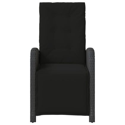 Накланящ се градински стол с опора за крака, черен, полиратан