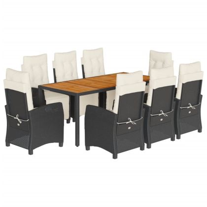 Градински трапезен комплект възглавници 9 части черен полиратан