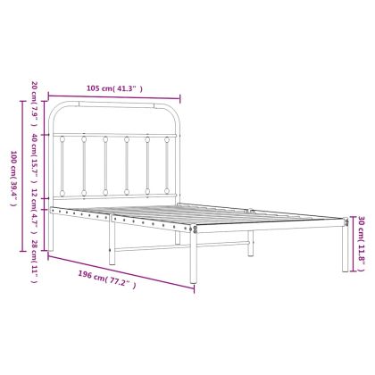 Метална рамка за легло с горна табла, бяла, 100x190 см