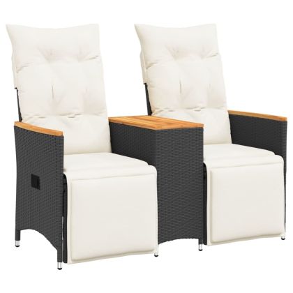 Накланящ се градински диван, 2-местен, с маса, черен, полиратан