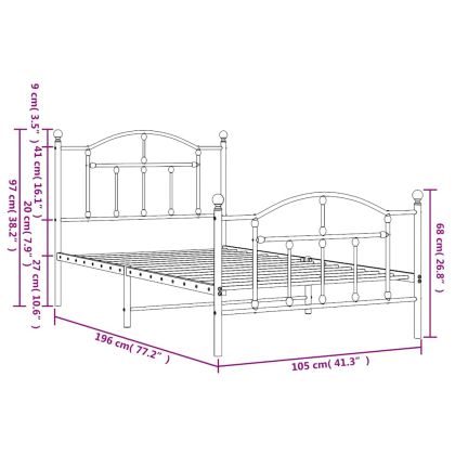 Метална рамка за легло с горна и долна табла, черна, 100x190 см