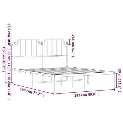 Метална рамка за легло с горна табла, бяла, 135x190 см