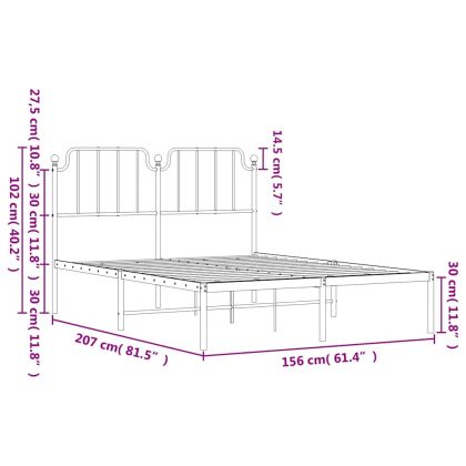 Метална рамка за легло с горна табла, бяла, 150x200 см