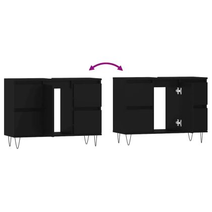 Шкаф за баня, черен, 80x33x60 см, инженерно дърво