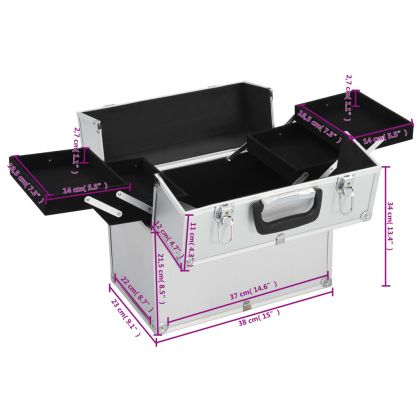 Куфар за гримове, 38x23x34 см, сребрист, алуминий