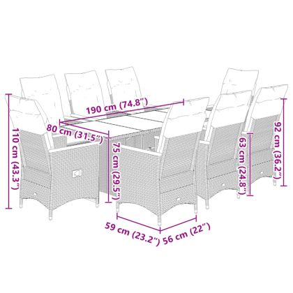 Градински бистро комплект с възглавници 9 части сив полиратан