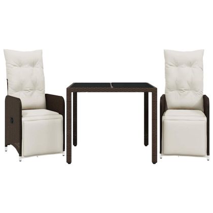 Градински бистро комплект с възглавници 3 части кафяв полиратан