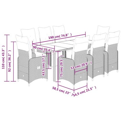 Градински бистро комплект с възглавници 9 части сив полиратан