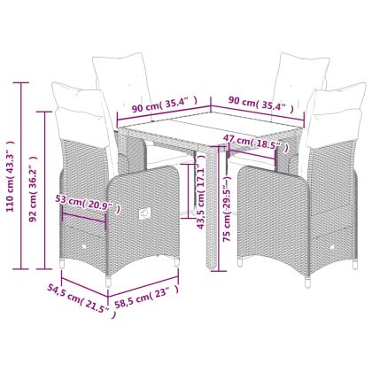 Градински бистро комплект с възглавници 5 части сив полиратан