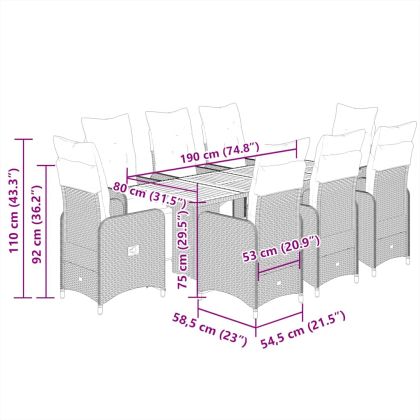 Градински бистро комплект с възглавници 9 части сив полиратан