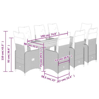 Градински бистро комплект с възглавници 9 части черен полиратан