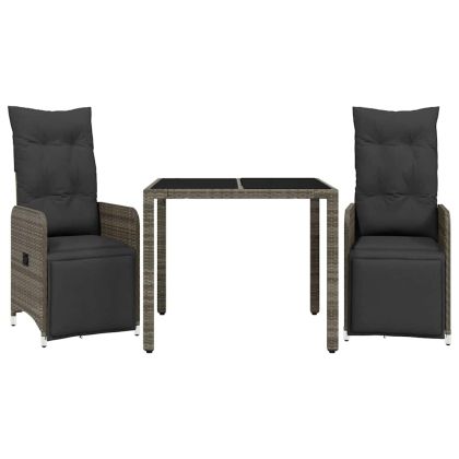 Градински бистро комплект с възглавници 3 части сив полиратан