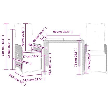 Градински бистро комплект с възглавници 3 части кафяв полиратан