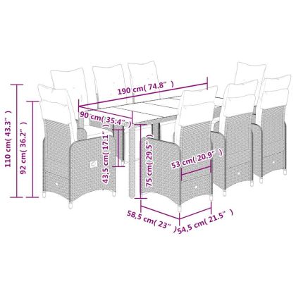 Градински бистро комплект с възглавници 9 части кафяв полиратан