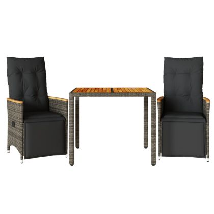 Градински бистро комплект с възглавници 3 части сив полиратан